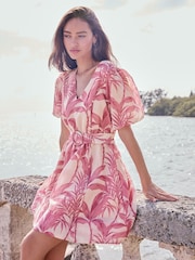 Lipsy Pink Palm V-Neck Puff Sleeve Belted Mini Skater Dress - Image 1 of 4