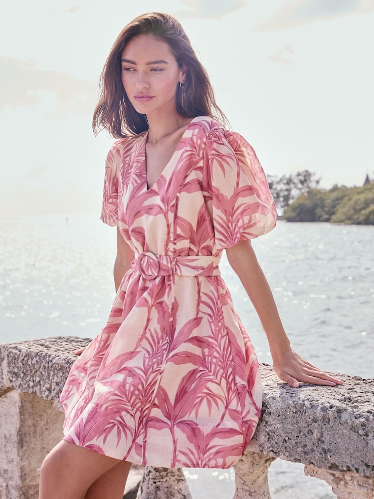 Lipsy Pink Palm V-Neck Puff Sleeve Belted Mini Skater Dress - Image 1 of 4
