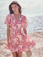 Lipsy Pink Palm V-Neck Puff Sleeve Belted Mini Skater Dress - Image 2 of 4