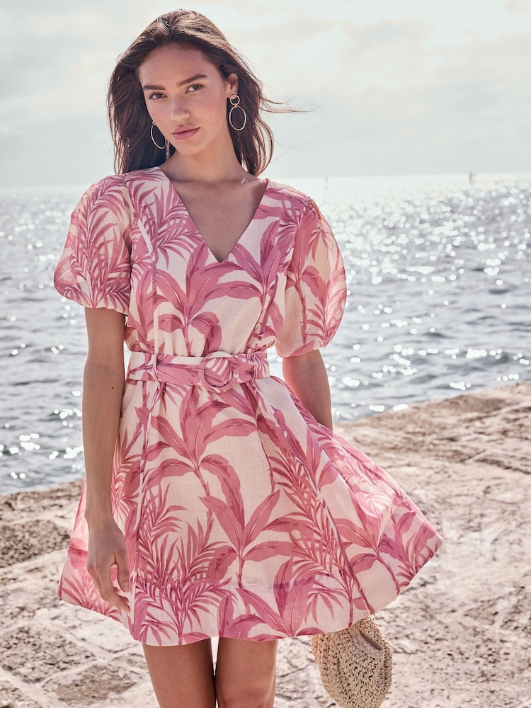 Lipsy Pink Palm V-Neck Puff Sleeve Belted Mini Skater Dress - Image 2 of 4