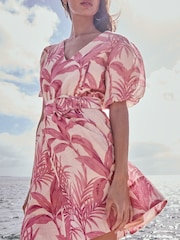 Lipsy Pink Palm V-Neck Puff Sleeve Belted Mini Skater Dress - Image 3 of 4