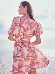 Lipsy Pink Palm V-Neck Puff Sleeve Belted Mini Skater Dress - Image 4 of 4
