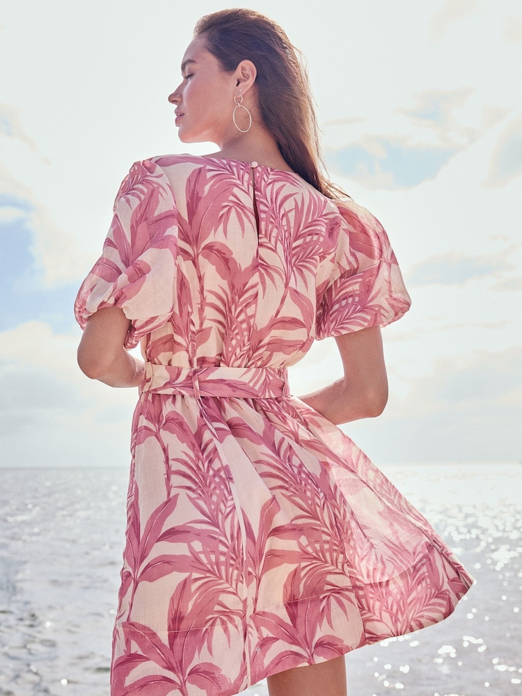 Lipsy Pink Palm V-Neck Puff Sleeve Belted Mini Skater Dress - Image 4 of 4