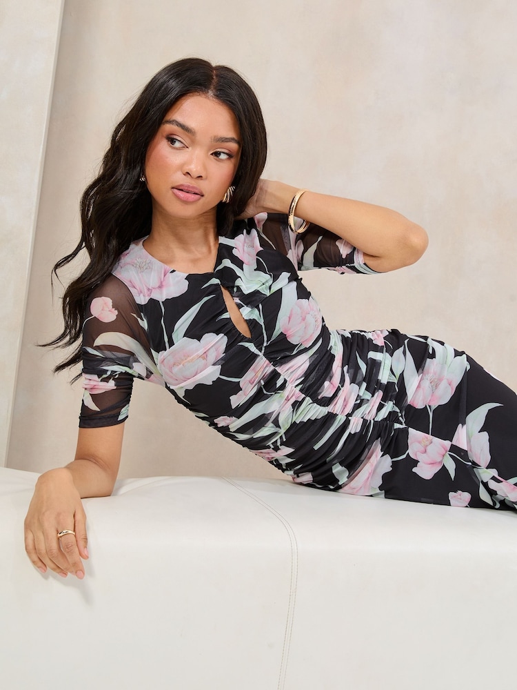 Lipsy Mono Floral Mesh Ruched Detail Midi Dress - Image 3 of 4