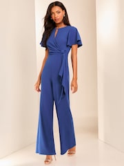 Lipsy Blue Flutter Sleeve Tie Side Wide Leg Jumpsuit - Image 1 of 4