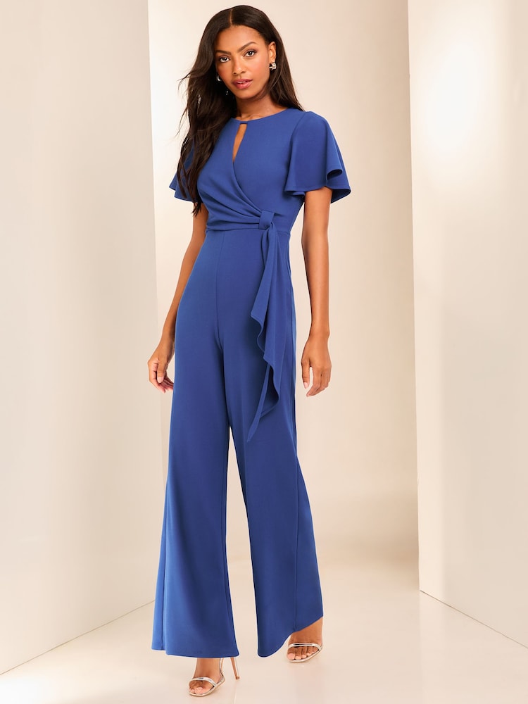Lipsy Blue Flutter Sleeve Tie Side Wide Leg Jumpsuit - Image 1 of 4