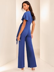 Lipsy Blue Flutter Sleeve Tie Side Wide Leg Jumpsuit - Image 2 of 4