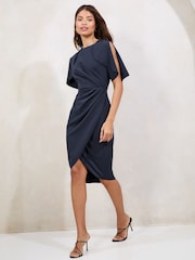 Navy Petite Cape Sleeve Gathered Side Midi Bodycon Dress - Image 1 of 4