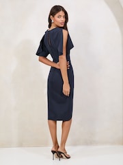 Navy Petite Cape Sleeve Gathered Side Midi Bodycon Dress - Image 3 of 4