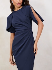 Navy Petite Cape Sleeve Gathered Side Midi Bodycon Dress - Image 4 of 4
