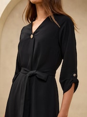 Lipsy Black V-Neck Tie Waist Button Mini Shift Dress - Image 3 of 4
