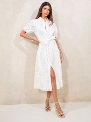 Lipsy Broderie Button Through Midi Shirt 100% Cotton Dress - Imagen 1 de 4