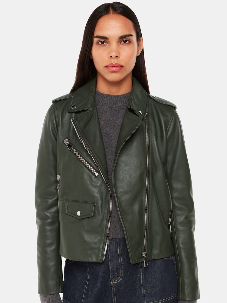 Whistles Green Agnes Pocket Leather Jacket - Image 1 of 5