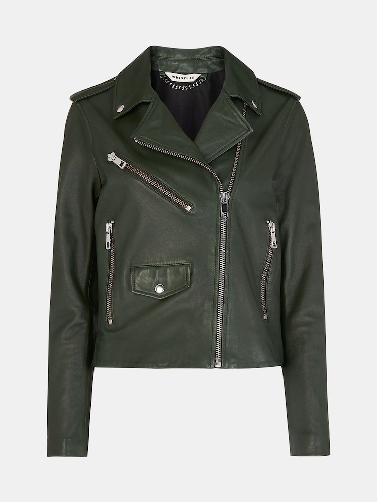 Whistles Green Agnes Pocket Leather Jacket - Image 5 of 5