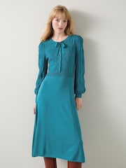 LK Bennett Green Susannah Dark Teal Tie Neck Pointelle Fit And Flare Dress - Image 1 of 4