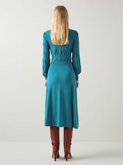 LK Bennett Green Susannah Dark Teal Tie Neck Pointelle Fit And Flare Dress - Image 2 of 4
