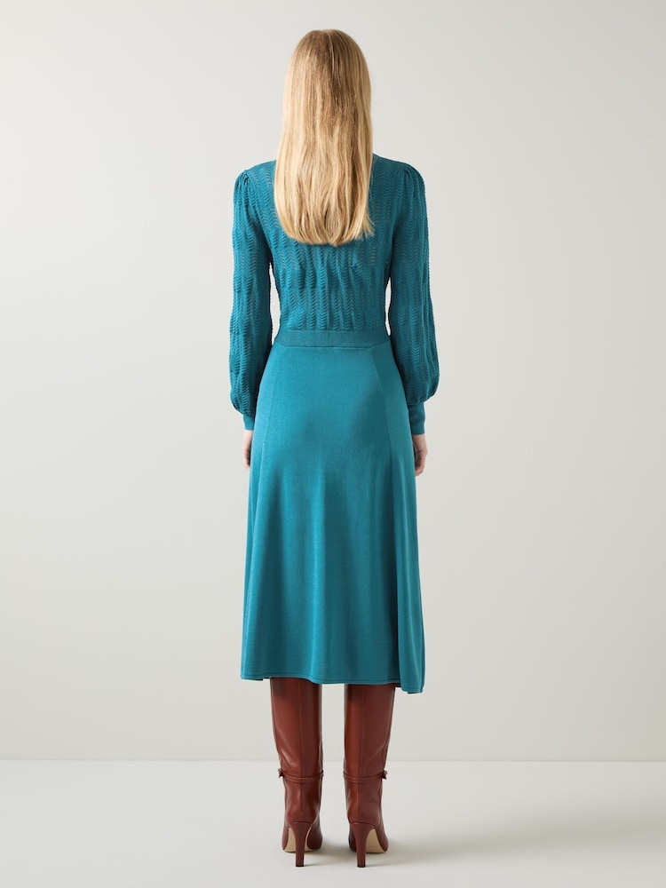 LK Bennett Green Susannah Dark Teal Tie Neck Pointelle Fit And Flare Dress - Image 2 of 4