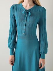 LK Bennett Green Susannah Dark Teal Tie Neck Pointelle Fit And Flare Dress - Image 3 of 4