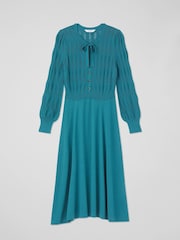LK Bennett Green Susannah Dark Teal Tie Neck Pointelle Fit And Flare Dress - Image 4 of 4