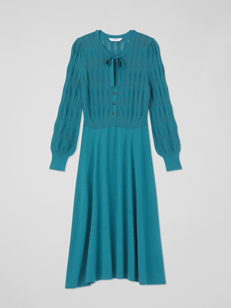 LK Bennett Green Susannah Dark Teal Tie Neck Pointelle Fit And Flare Dress - Image 4 of 4