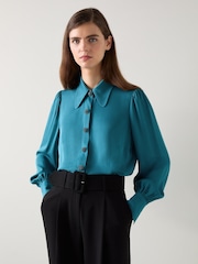 LK Bennett Green Sonya Teal Viscose Crepe Shirt With Sparkle Button - Image 1 of 5