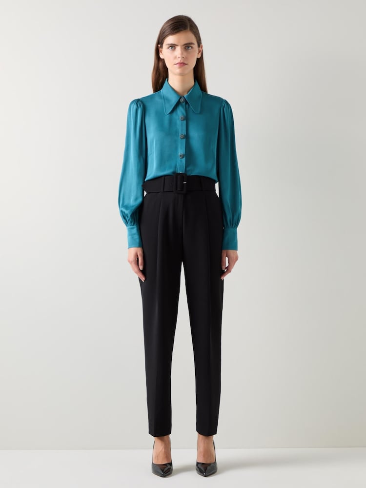 LK Bennett Green Sonya Teal Viscose Crepe Shirt With Sparkle Button - Image 2 of 5
