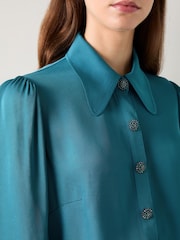 LK Bennett Green Sonya Teal Viscose Crepe Shirt With Sparkle Button - Image 4 of 5