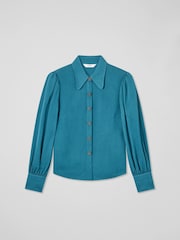 LK Bennett Green Sonya Teal Viscose Crepe Shirt With Sparkle Button - Image 5 of 5