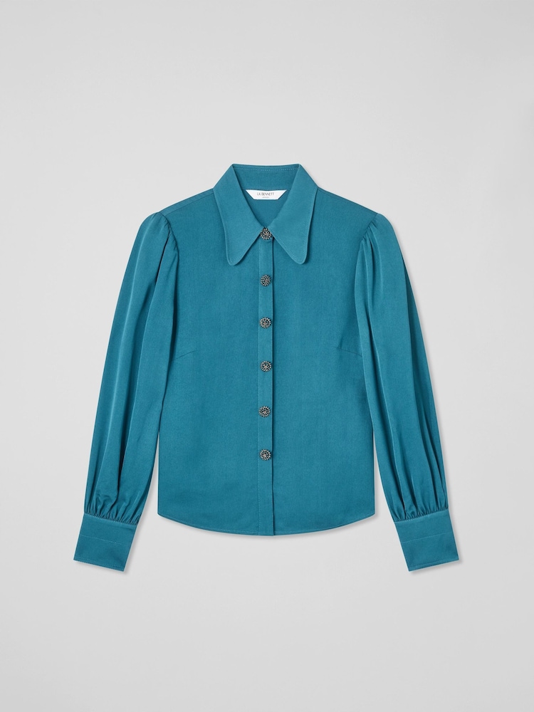 LK Bennett Green Sonya Teal Viscose Crepe Shirt With Sparkle Button - Image 5 of 5