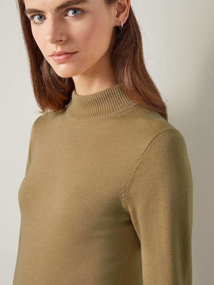 LK Bennett Brown Sadie Gold Turtle Neck Metallic Knit Top - Image 3 of 3