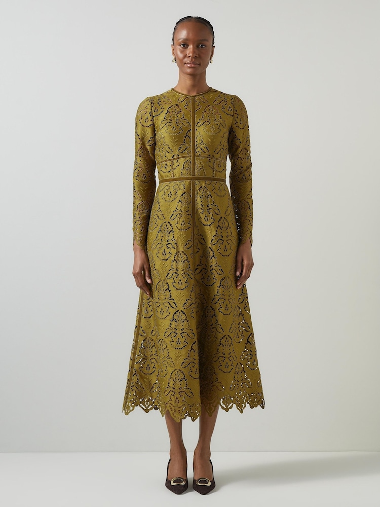 LK Bennett Green Gracie Moss Trimmed Lace Dress - Image 8 of 8