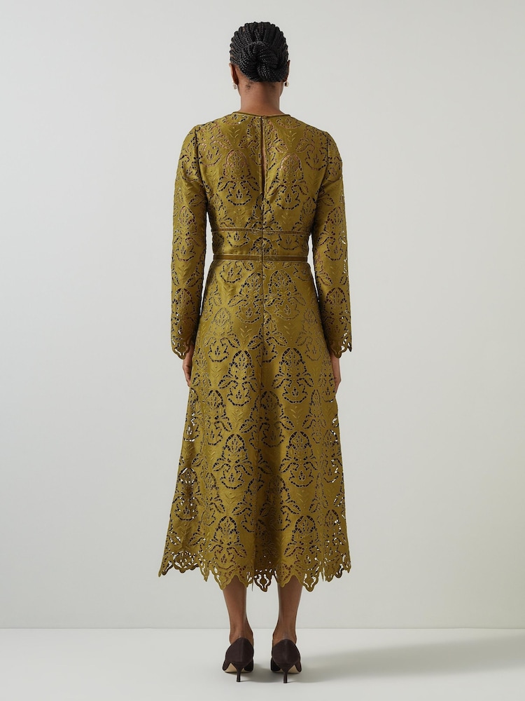 LK Bennett Green Gracie Moss Trimmed Lace Dress - Image 2 of 5