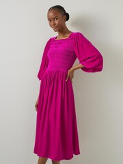 LK Bennett Pink Callista Magenta Smocked Fluid Velvet Dress - Image 1 of 5
