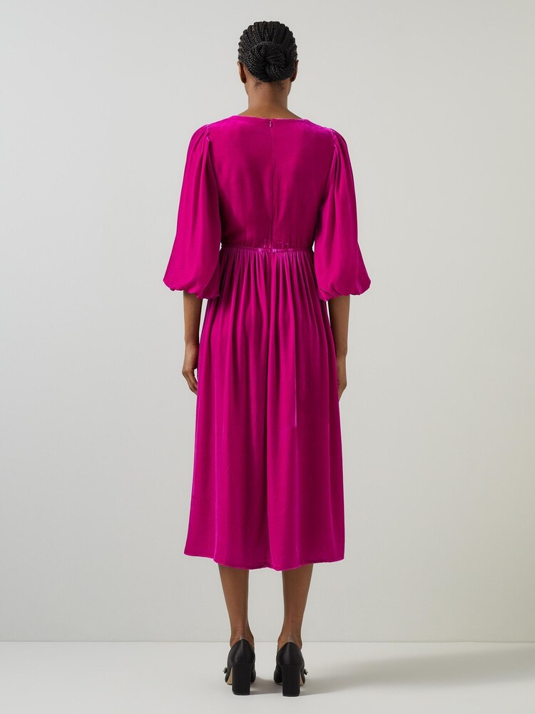 LK Bennett Pink Callista Magenta Smocked Fluid Velvet Dress - Image 2 of 5
