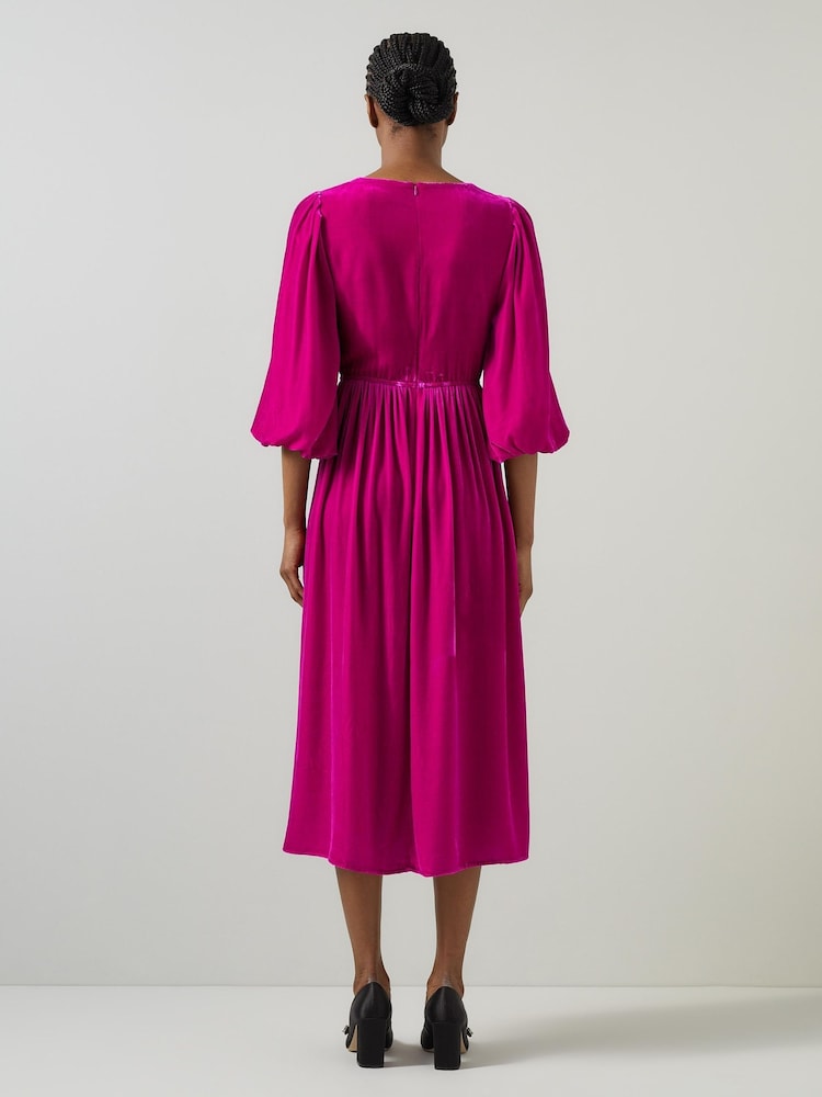 LK Bennett Pink Callista Magenta Smocked Fluid Velvet Dress - Image 2 of 5 LK Bennett Pink Callista Magenta Smocked Fluid Velvet Dress - Image 2 of 5