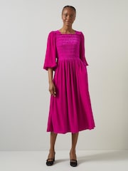 LK Bennett Pink Callista Magenta Smocked Fluid Velvet Dress - Image 3 of 5