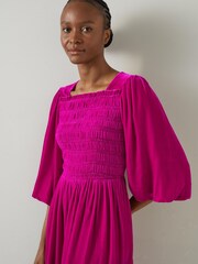 LK Bennett Pink Callista Magenta Smocked Fluid Velvet Dress - Image 4 of 5