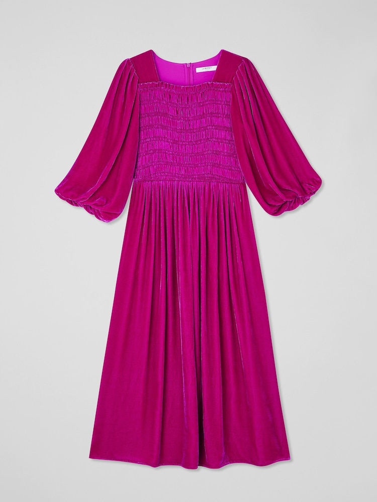 LK Bennett Pink Callista Magenta Smocked Fluid Velvet Dress - Image 5 of 5