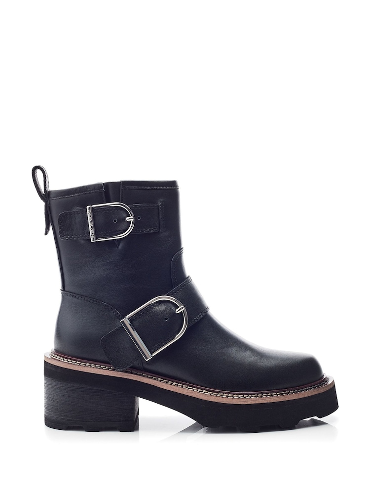 Moda in Pelle Barbel Buckle Detail Chunky Leather Biker Black Boots - Image 1 of 4