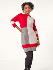 Roman Red Petite Colour Block Knit Dress - Image 2 of 5