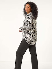Roman Black Petite Geometric Print Button Up Shirt - Image 3 of 5
