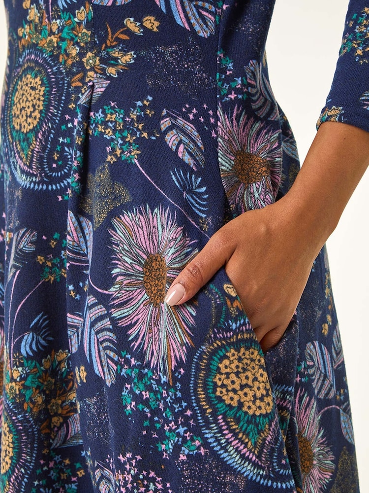 Roman Blue Petite Floral A-Line Dress - Image 5 of 5 Roman Blue Petite Floral A-Line Dress - Image 5 of 5
