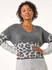 Roman Grey Petite Animal Colourblock Stretch Jumper - Image 2 of 5