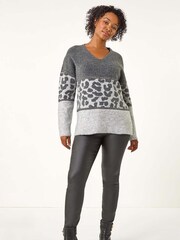 Roman Grey Petite Animal Colourblock Stretch Jumper - Image 4 of 5