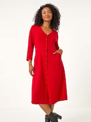 Roman Red Petite V-Neck Button Detail Stretch Dress - Image 1 of 5