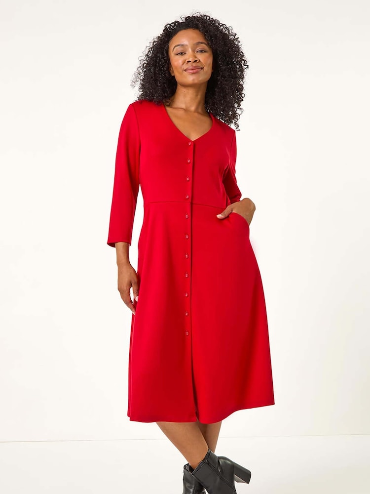 Roman Red Petite V-Neck Button Detail Stretch Dress - Image 1 of 5 Roman Red Petite V-Neck Button Detail Stretch Dress - Image 1 of 5