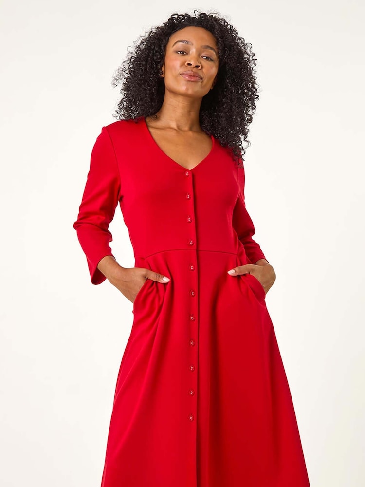 Roman Red Petite V-Neck Button Detail Stretch Dress - Image 2 of 5