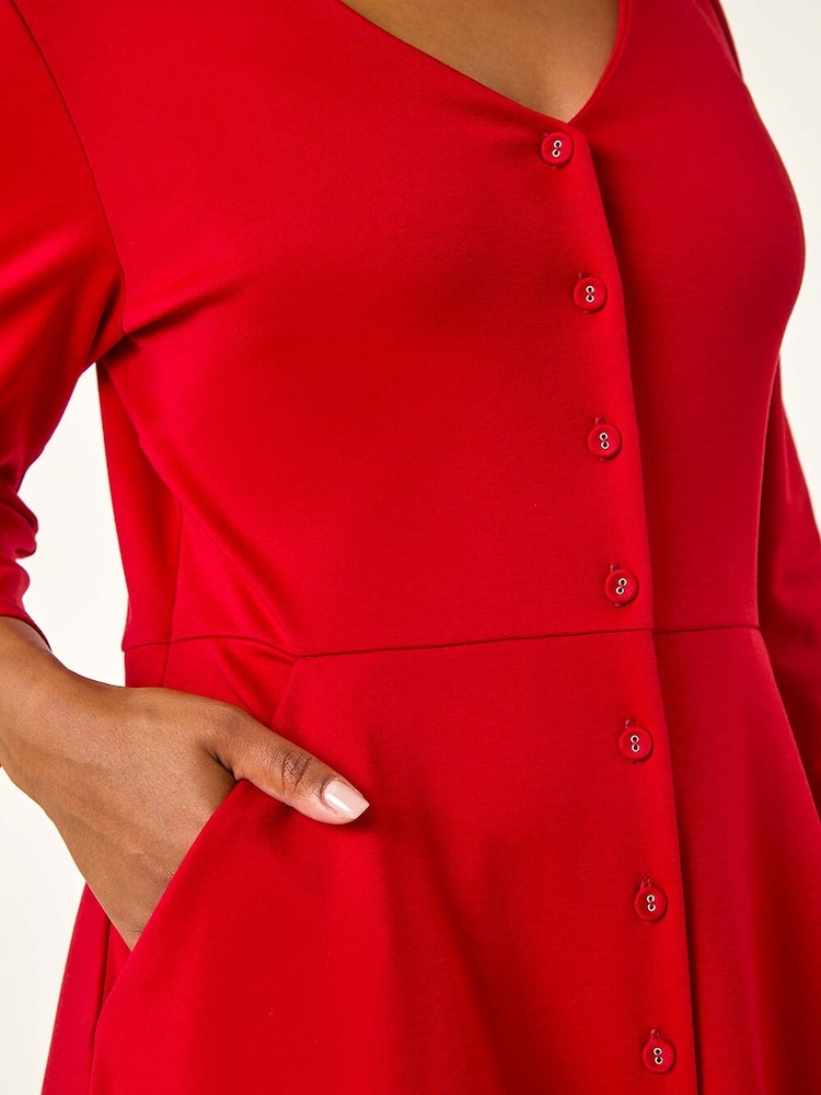 Roman Red Petite V-Neck Button Detail Stretch Dress - Image 5 of 5
