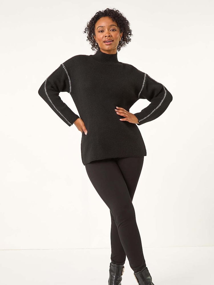Roman Black Petite Contrast Stitch Jersey Jumper - Image 2 of 5