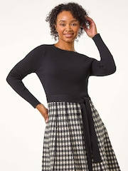 Roman Black Petite Contrast Check Knitted Dress - Image 1 of 5